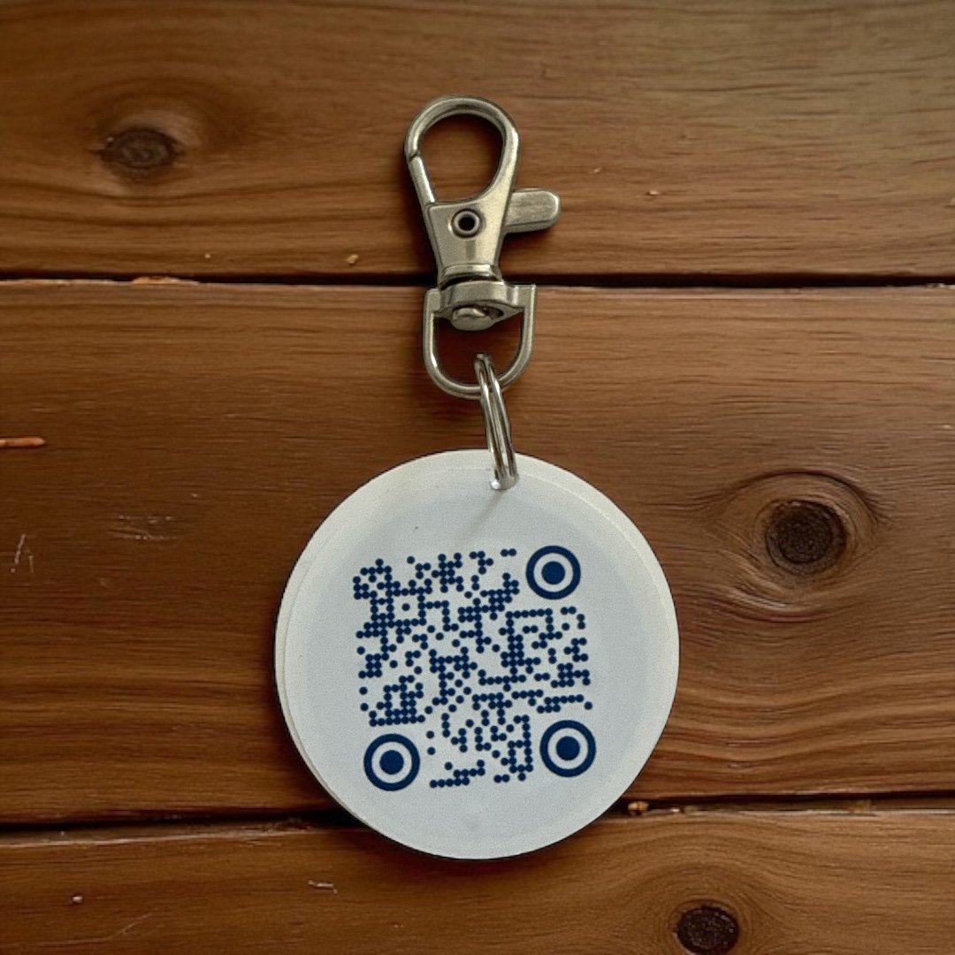 Badge rond QR Code Info Perdu — modèle pour drone, fixable sur la coque ou le bras